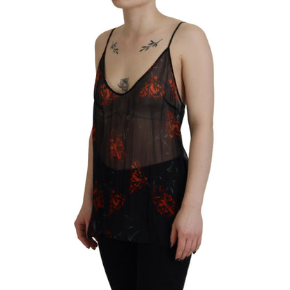 Dsquared² Black Floral Print Spaghetti Strap Tank Blouse Top