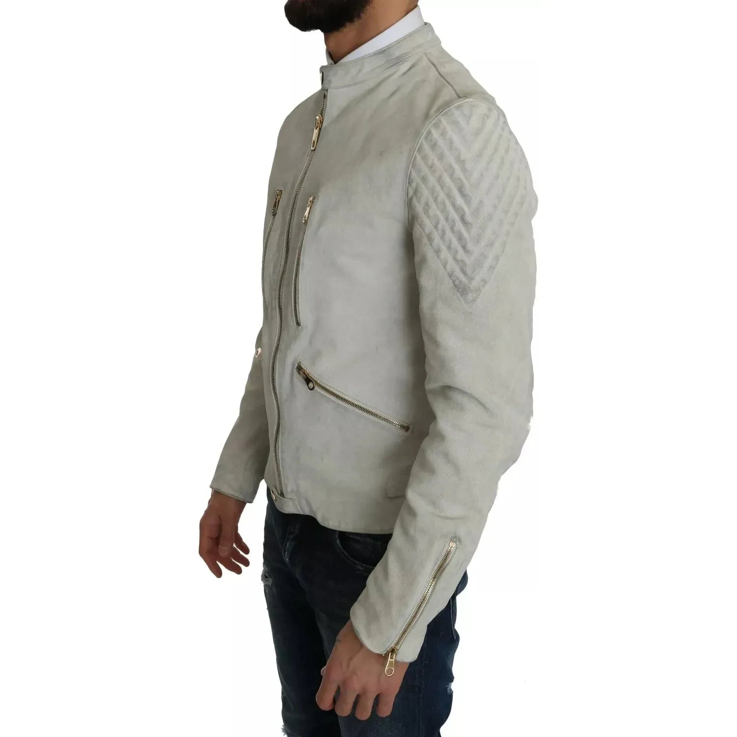 سترة بايكر للدراجات النارية من الجلد باللون الأبيض من دولتشي آند غابانا