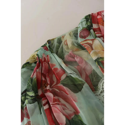 Dolce & Gabbana Green Floral Long Sleeve V-neck Midi Dress