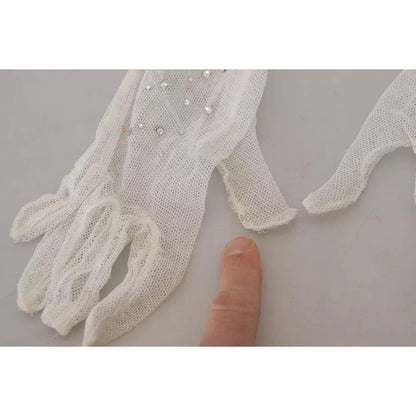 Dolce & Gabbana White Crystal Elbow Length Cotton Tulle Gloves