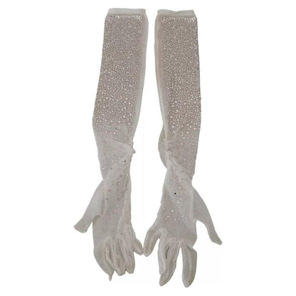 Dolce & Gabbana White Crystal Elbow Length Cotton Tulle Gloves
