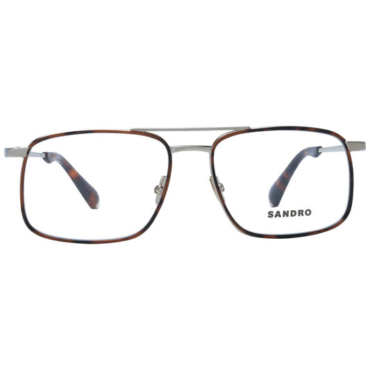 Sandro Brown Men Glasses Frame, full-rim aviator style made of metal, featuring demo plastic lenses with a brown frame.