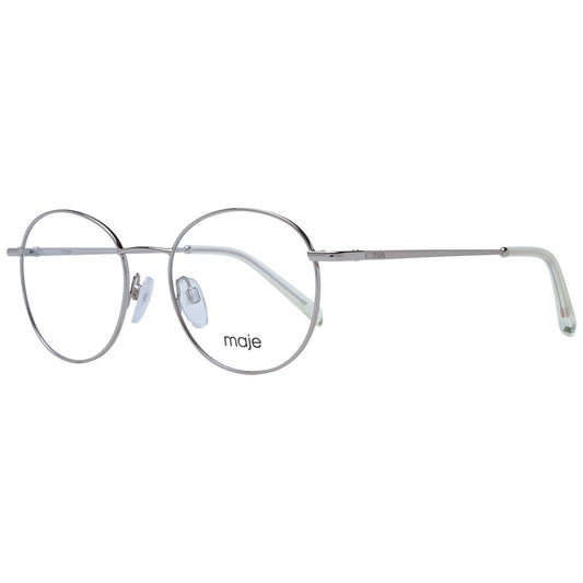 Maje Gold Women Glasses Frame in stainless steel with full-rim round style, demo lenses, and no spring hinge, includes branded case.