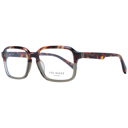 Ted Baker Brown Men Glasses Frame in acetate, full-rim style with demo lenses, rectangle shape, 55-17-140 size, includes branded case.