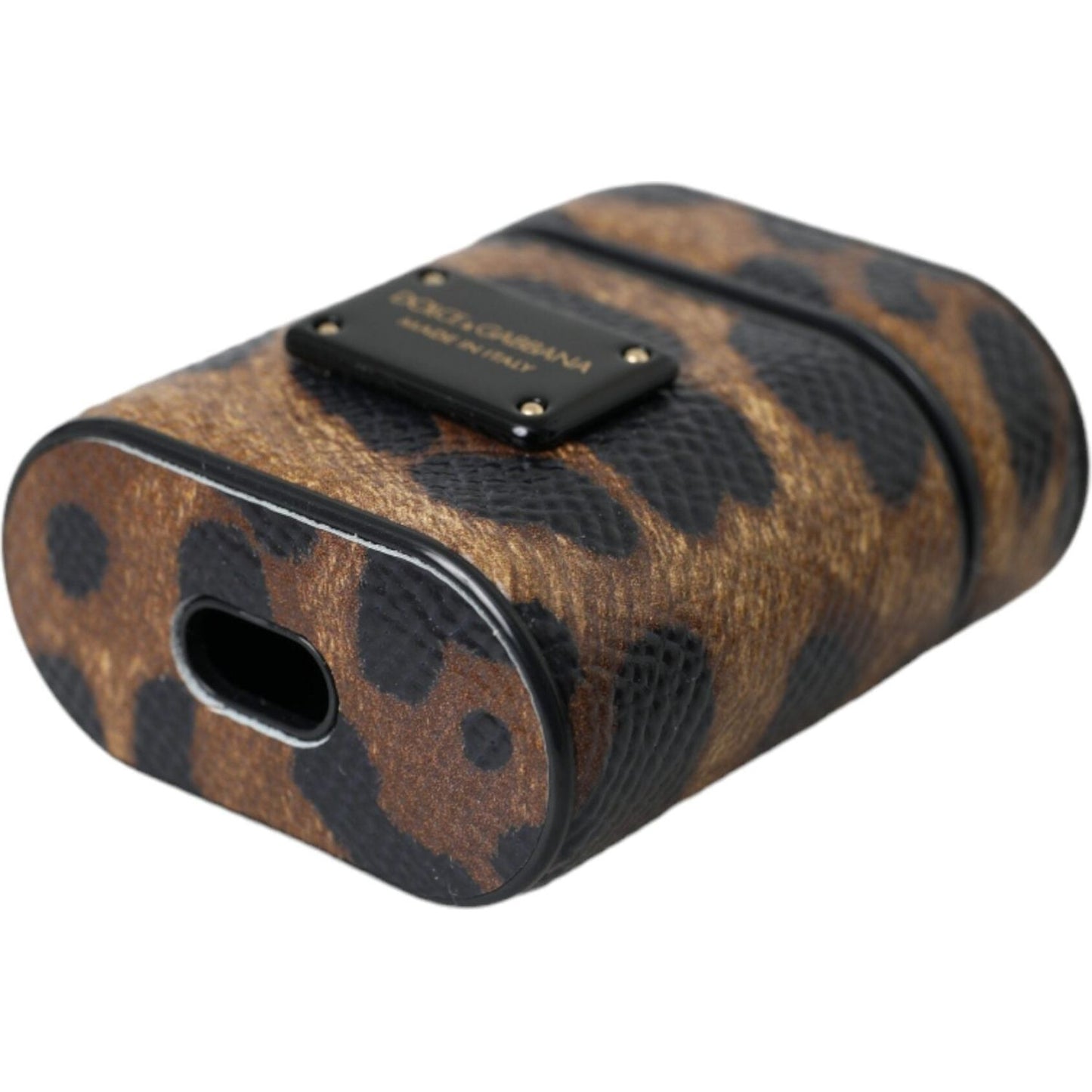 Dolce & Gabbana Brown Leopard Calf Leather Metal Logo Plaque Airpods Case