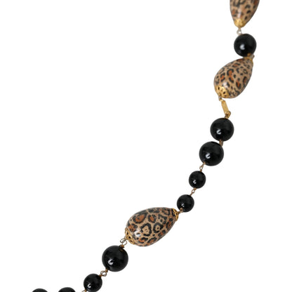 Dolce & Gabbana Gold Tone Brass Black Printed Beaded Long Chain Necklace Necklace