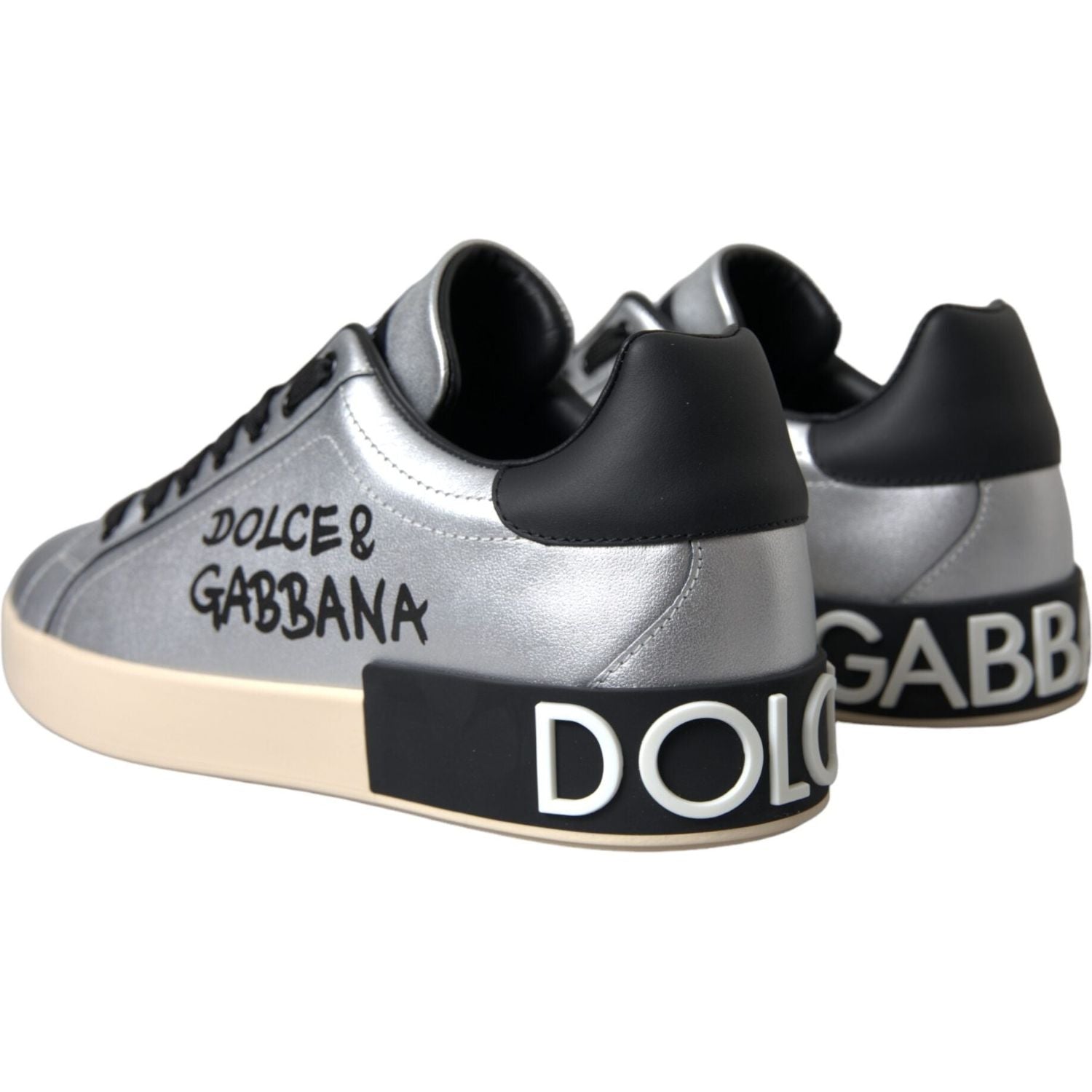 حذاء رياضي رجالي من جلد العجل من Dolce &amp; Gabbana Portofino باللون الفضي