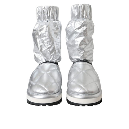 Dolce & Gabbana Metallic Silver Quilted Logo Patch Boot Shoes
