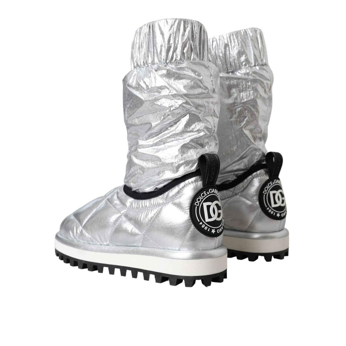 Dolce & Gabbana Metallic Silver Quilted Logo Patch Boot Shoes