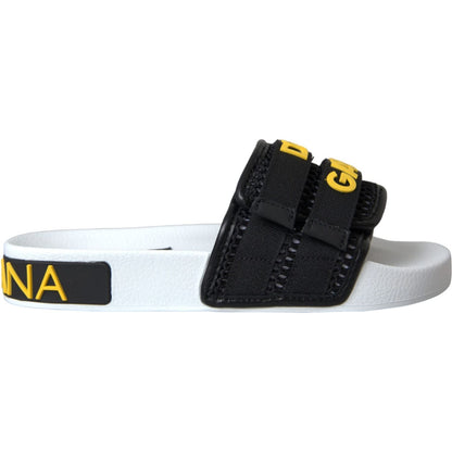 Dolce & Gabbana White Black Logo Beachwear Flats Sandals Shoes