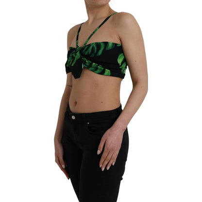 Dolce & Gabbana Black Green Leaf Silk Halter Cropped Top