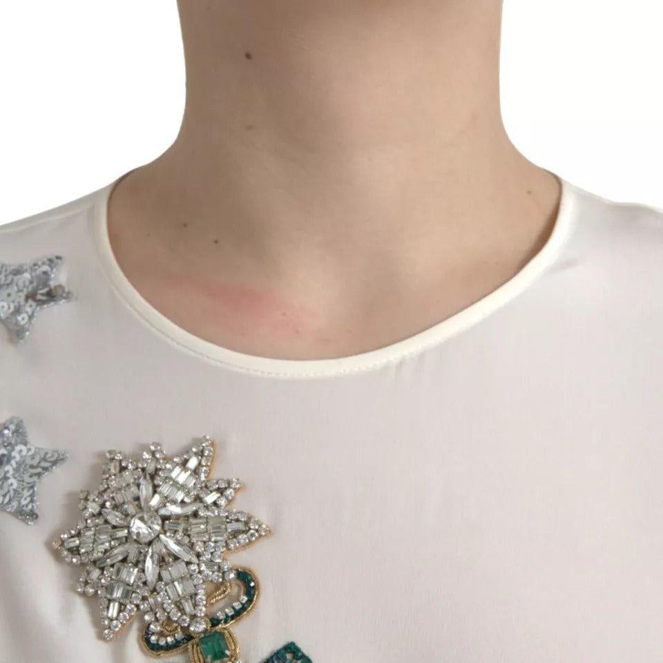 Dolce & Gabbana White Silk Crystal 3/4 Sleeves Blouse Top TSH852008-42
