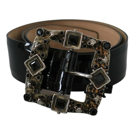 Dolce & Gabbana Black Shiny Leather Crystal Logo Buckle Belt