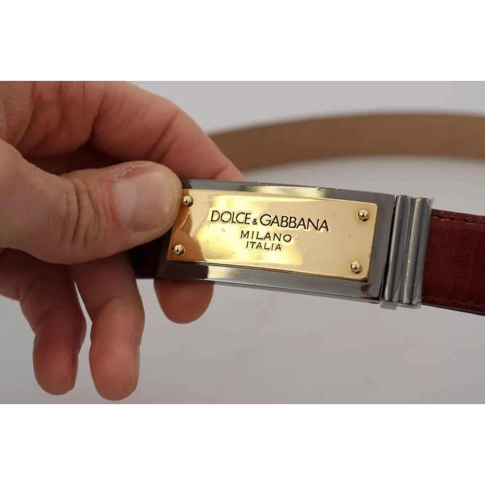 Dolce & Gabbana Brown Leather Gold Engraved Metal Buckle Belt