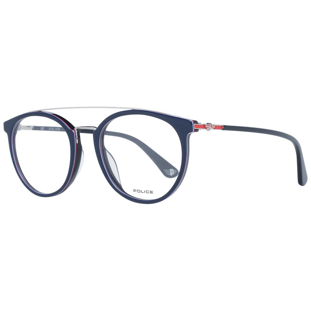 Police Blue Men Glasses Frame with round blue full-rim design, metal and plastic material, featuring spring hinges and demo lenses.