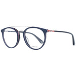 Police Blue Men Glasses Frame with round blue full-rim design, metal and plastic material, featuring spring hinges and demo lenses.