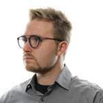Alt Tag: Police Blue Men Glasses Frame in full-rim style with metal and plastic build, worn by model, includes branded case.