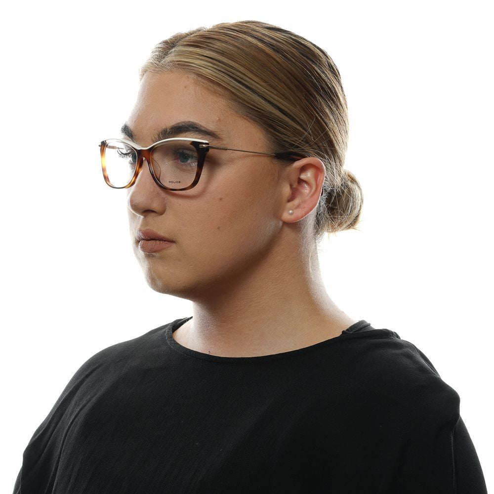 Side view of a person wearing Police Brown Women Glasses Frame, featuring a metal & plastic full-rim butterfly design.