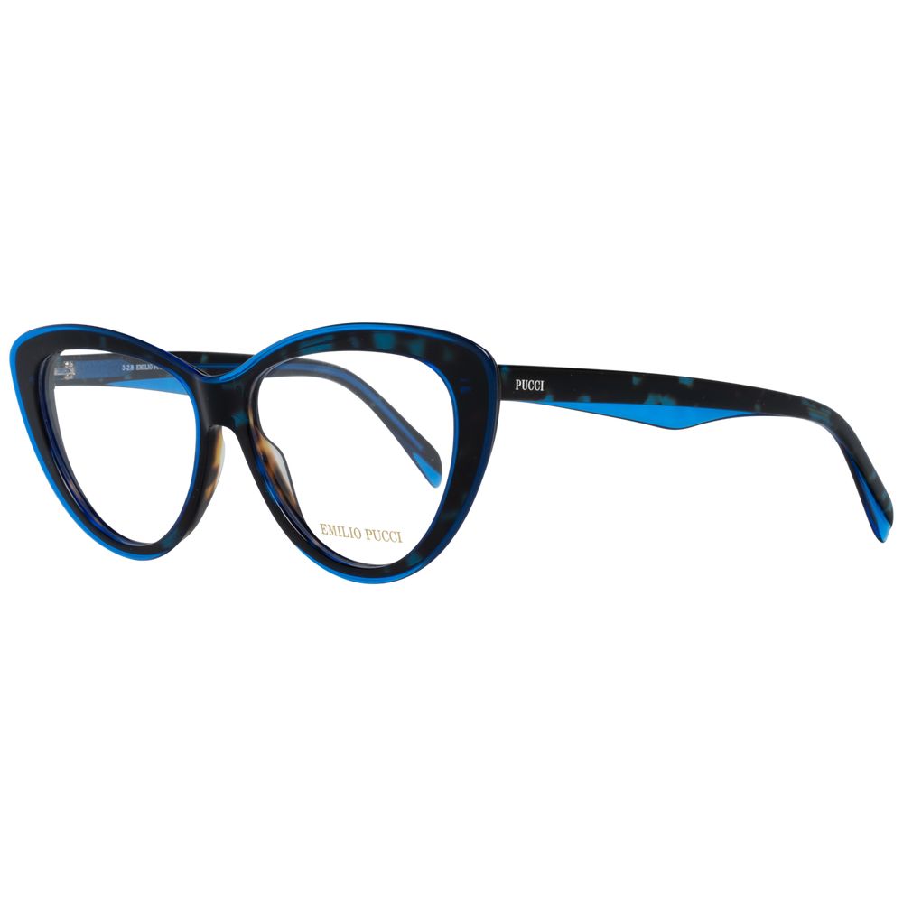 "Emilio Pucci Blue Women Glasses Frame in plastic, full-rim butterfly style with demo lenses and case included, lens width 55mm."