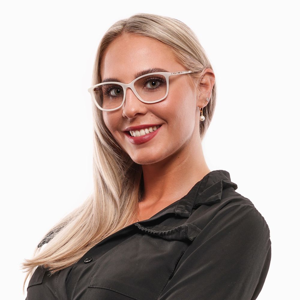 Woman wearing Swarovski White Women Glasses Frame with Swarovski Element, metal and plastic full-rim trapezium style.