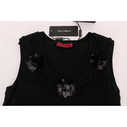 Dolce & Gabbana Black Cotton Floral Crystal Tank Top