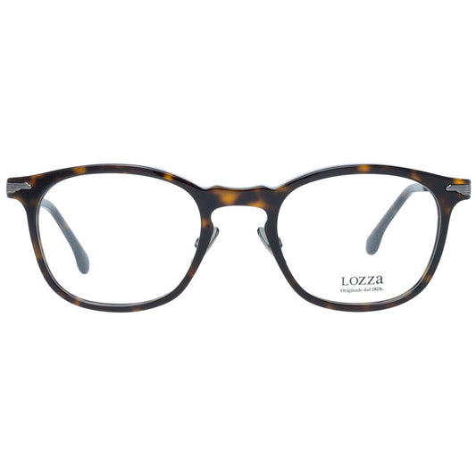 Lozza Brown Men Glasses Frame in full-rim rectangle style, plastic material, demo lenses, comes with branded case, size 50-22-145.