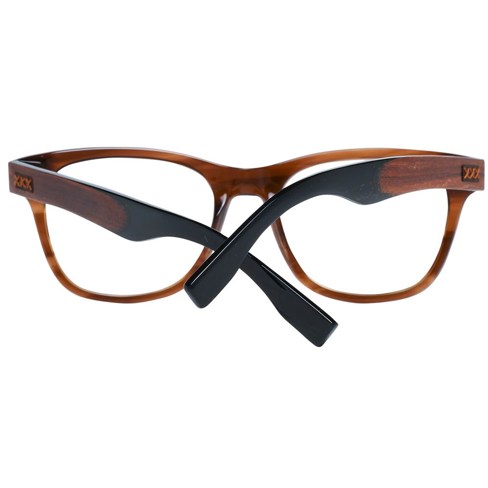 Ermenegildo Zegna Brown Men Glasses Frame with full-rim trapezium shape, plastic material, and branded case included.