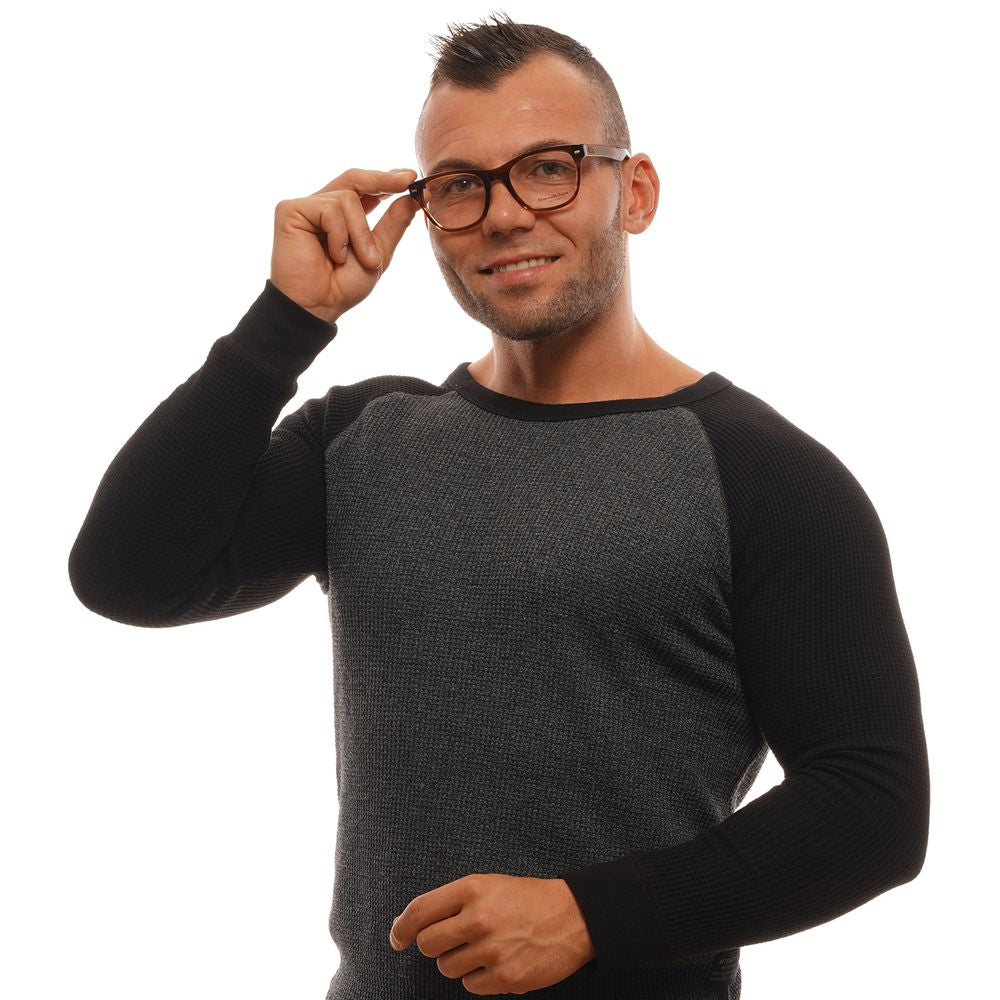 Man wearing Ermenegildo Zegna Brown Men Glasses Frame, trapezium full-rim in plastic with a length of 145 mm, smiling and adjusting glasses.