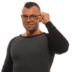 Man wearing Ermenegildo Zegna Gray Men Glasses Frame with round shape and full-rim titanium design, holding glasses on his face.