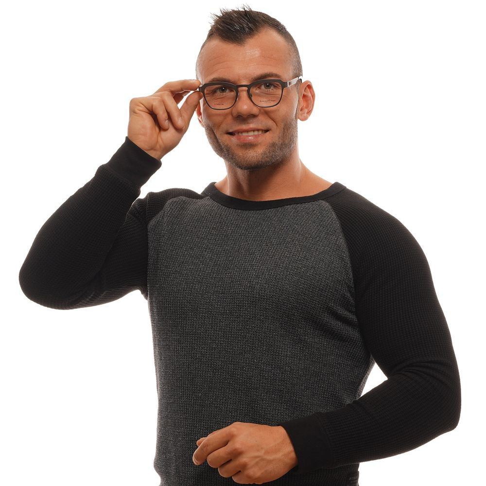 Man wearing Ermenegildo Zegna Gray Men Glasses Frame, featuring titanium full-rim design with gray color, trapezium style, and demo lenses.