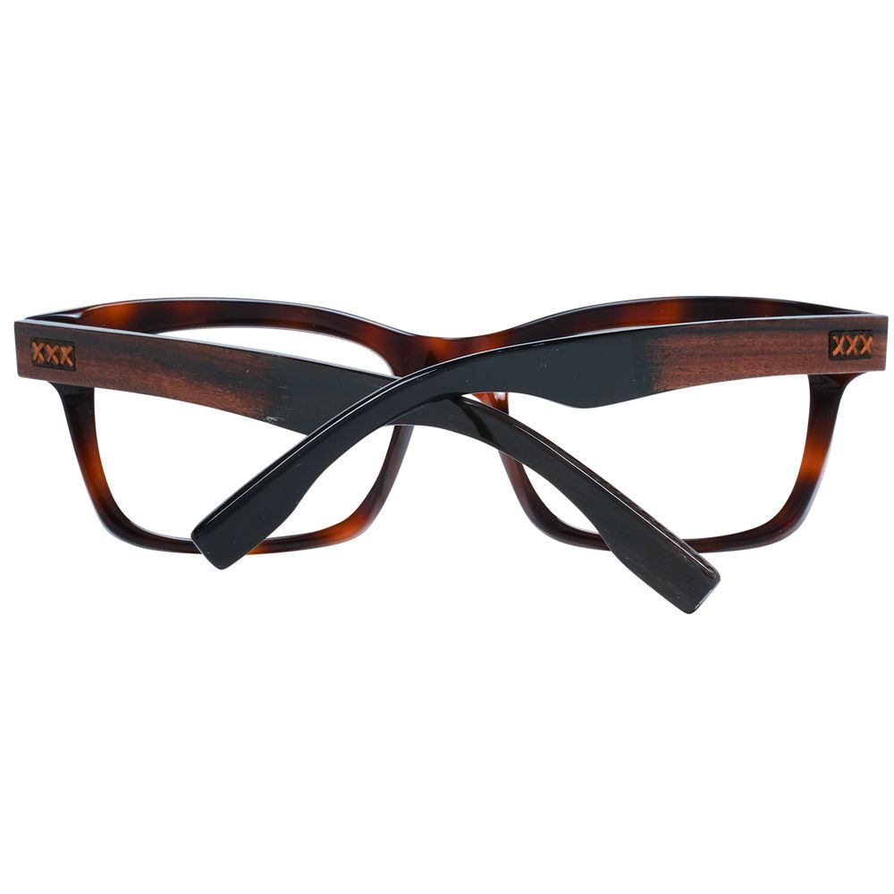 Ermenegildo Zegna Brown Men Glasses Frame with full-rim trapezium style, plastic material, and demo lenses. Size: 53-18-145.