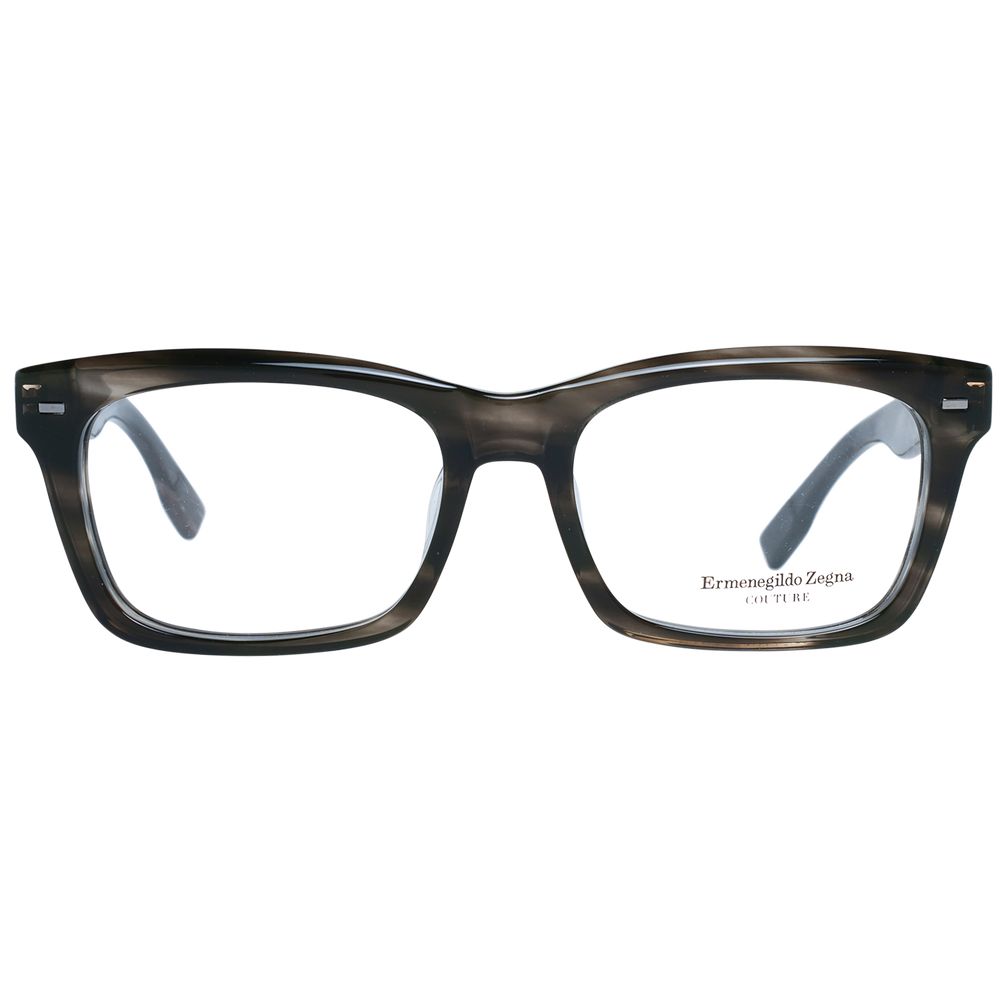 Ermenegildo Zegna Gray Men Glasses Frame in grey acetate, wood, and horn with demo plastic lenses. Full-rim rectangle style with spring hinge.