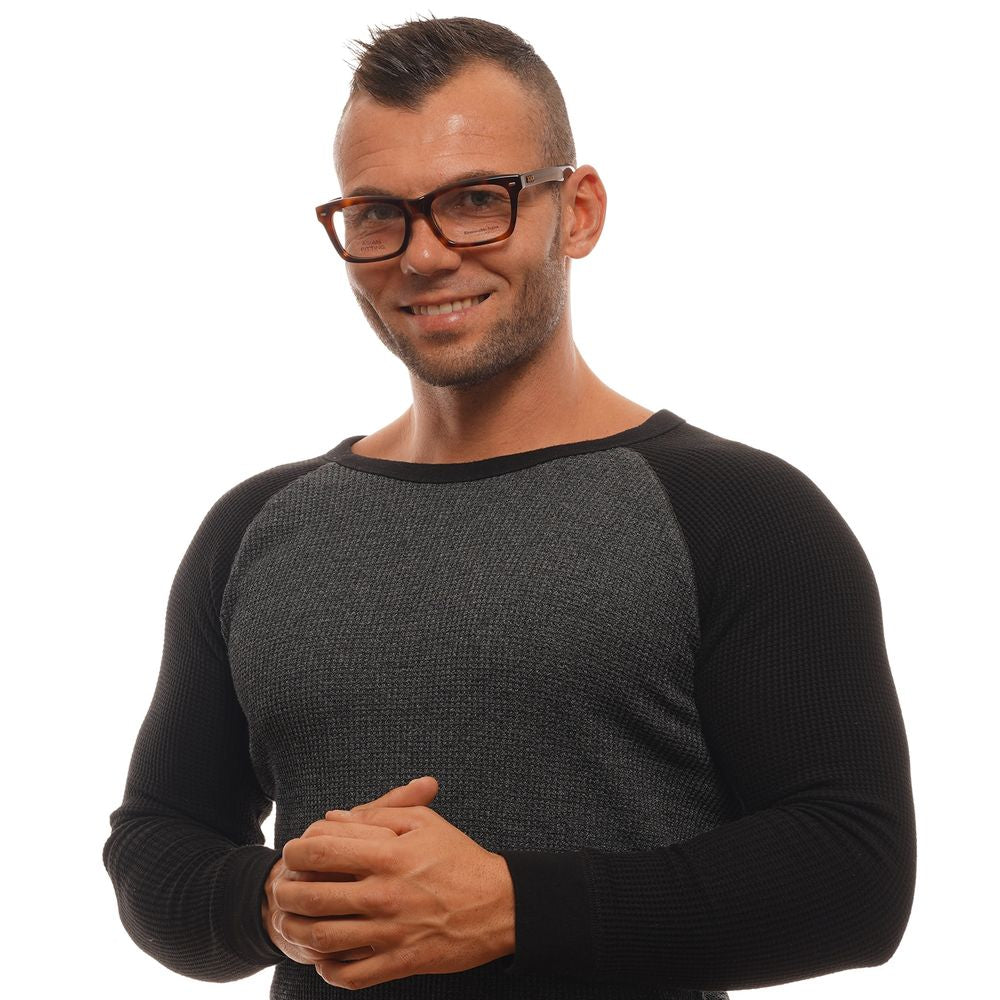 A man wearing Ermenegildo Zegna Brown Men Glasses Frame with full-rim trapezium style and brown acetate frame.