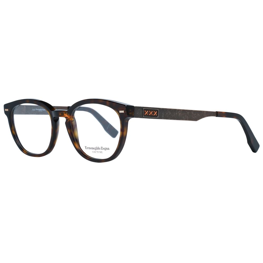 Ermenegildo Zegna Brown Men Glasses Frame in full-rim plastic with demo lenses, style round, size 50-19-145, brown color.