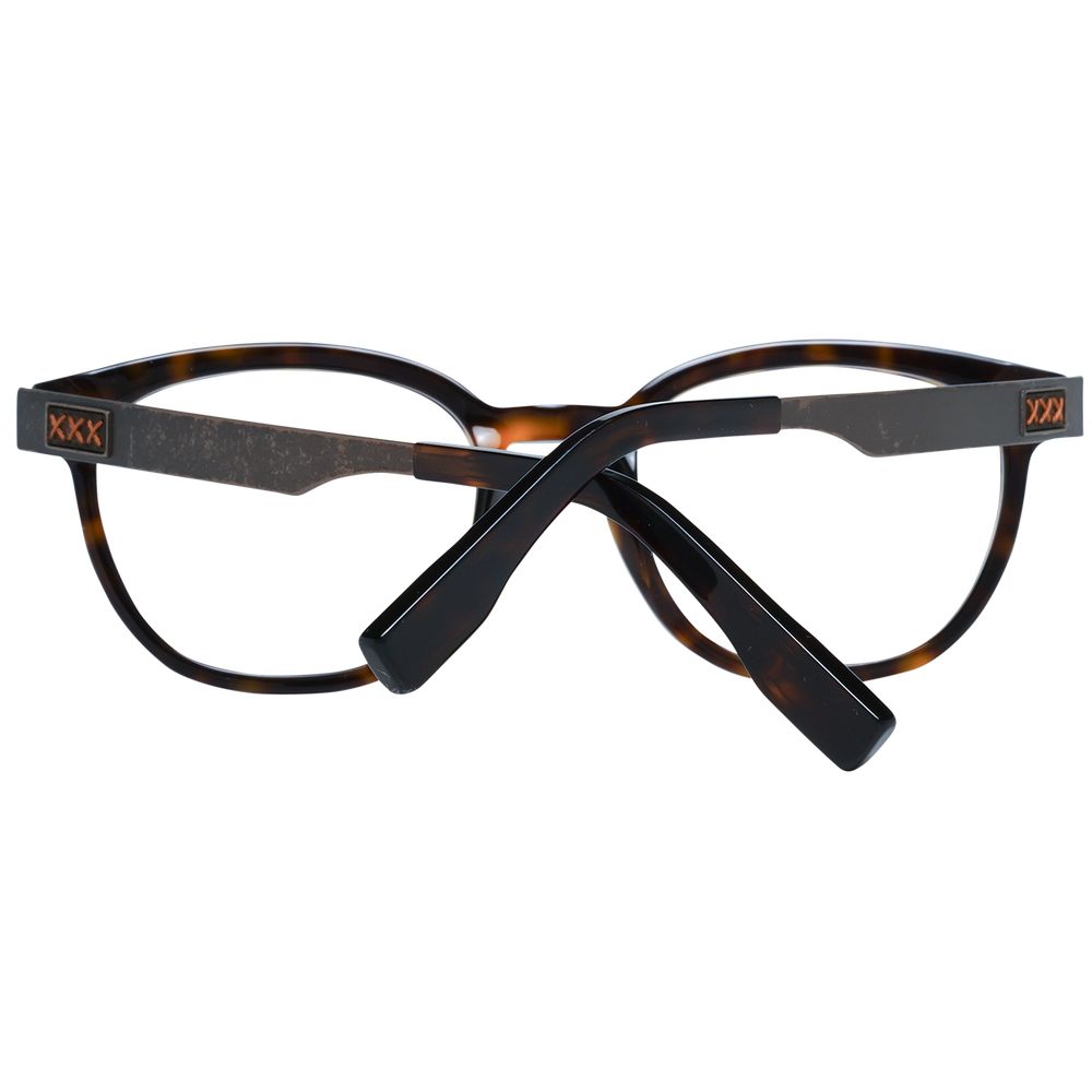 Ermenegildo Zegna Brown Men Glasses Frame, round full-rim style, plastic material, branded case included, size 50-19-145, stylish eyewear.