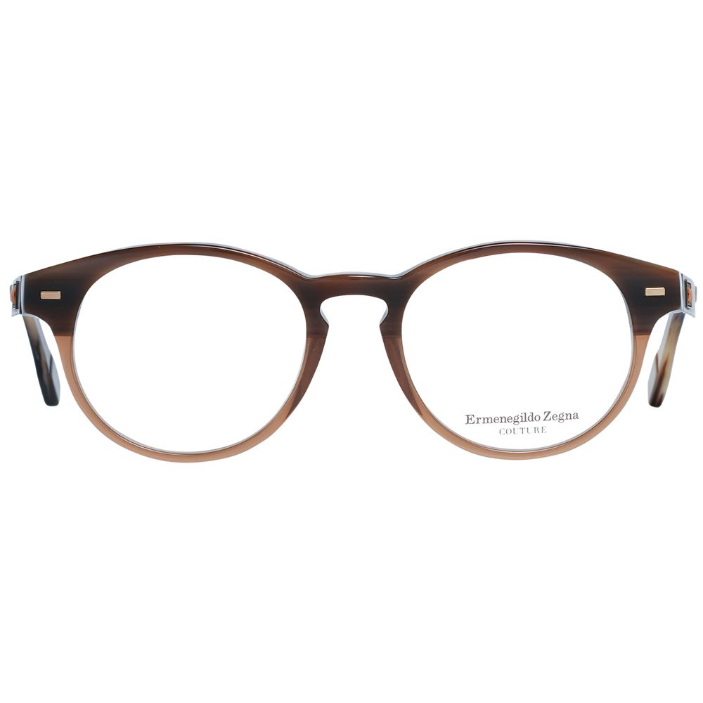 Ermenegildo Zegna Brown Men Glasses Frame, round full-rim plastic eyewear, 49-18-145 size, with demo lenses for men.