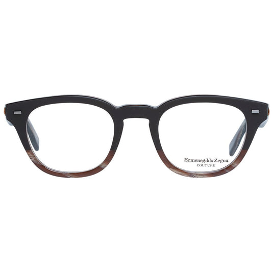 Ermenegildo Zegna Brown Men Glasses Frame, trapezium style, plastic, full-rim, 48-22-145, with brown plastic lenses and branded case.