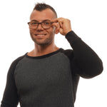 Man wearing Ermenegildo Zegna Brown Men Glasses Frame with full-rim rectangular style, showcasing plastic material and brown color.