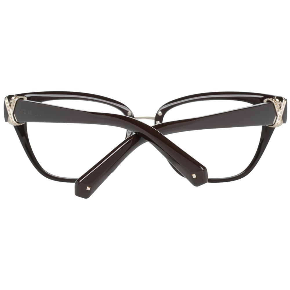 Swarovski Brown Women Glasses Frame in full-rim cat-eye style with plastic material, shown in a side angle view with branded case included.
