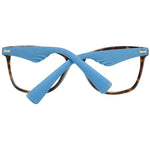Police Brown Women Glasses Frame in full-rim butterfly style with blue temples, plastic material, and demo lenses included in branded case.