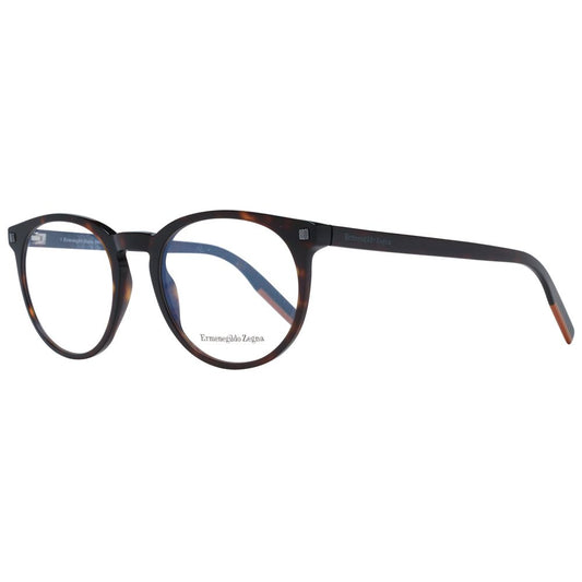 Ermenegildo Zegna Brown Men Glasses Frame, full-rim round style, plastic material, demo lenses, size 52-20-145, with branded case included.