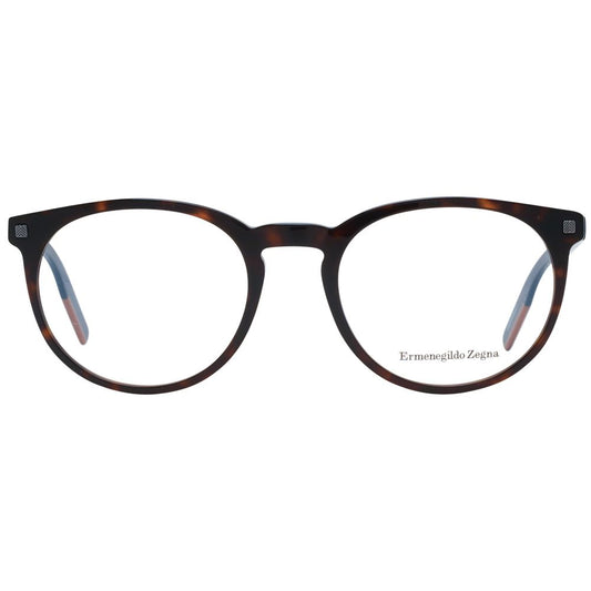 Ermenegildo Zegna Brown Men Glasses Frame with full-rim round style, plastic material, size 52-20-145, and branded case included.