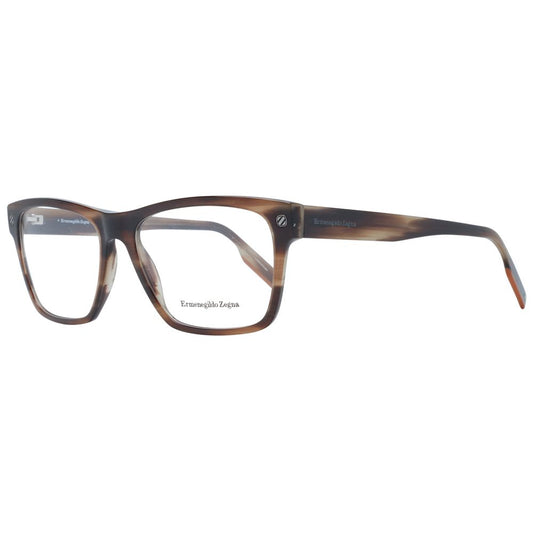 Ermenegildo Zegna Brown Men Glasses Frame, full-rim rectangular plastic with demo lenses, branded case included.