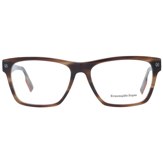 Ermenegildo Zegna Brown Men Glasses Frame, plastic full-rim rectangle style with demo lenses, includes branded case.