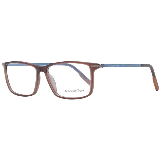 Ermenegildo Zegna Brown Men Glasses Frame, full-rim plastic rectangle, 58-14-145 size with demo lenses, includes branded case.