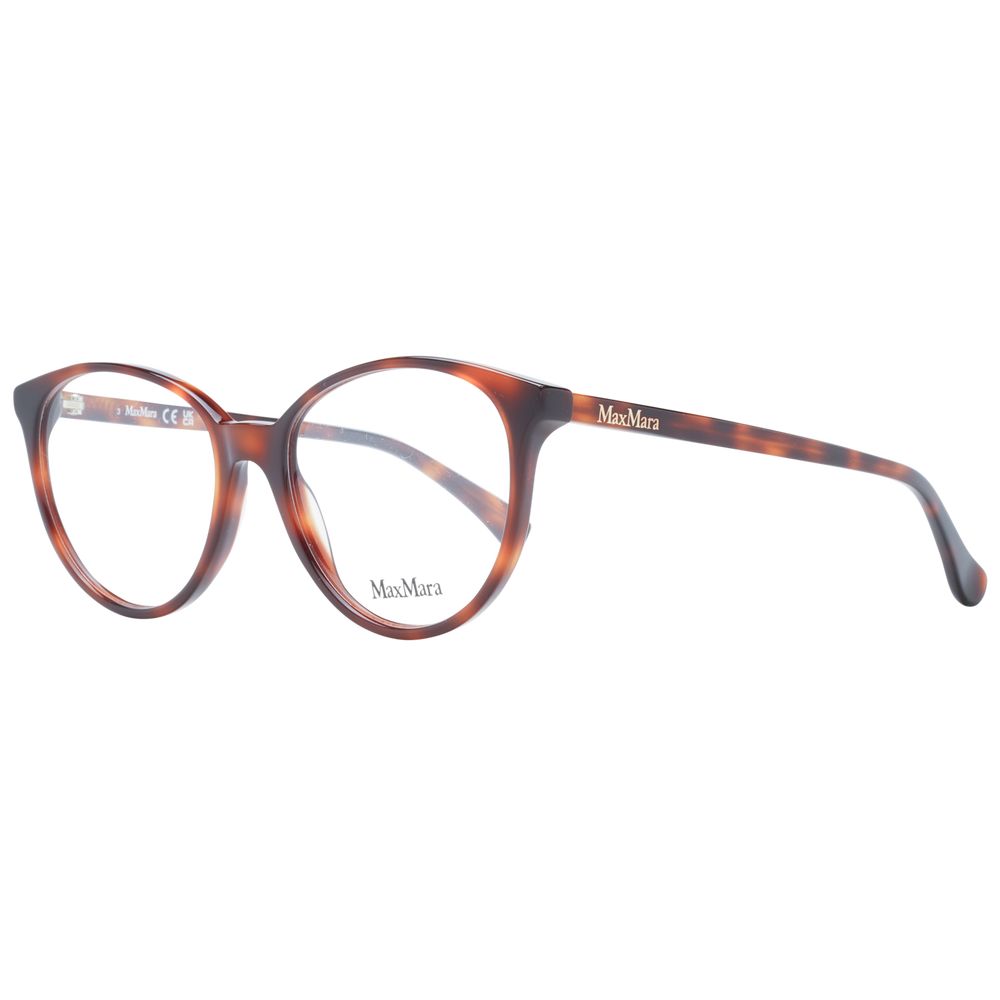 Max Mara Brown Women Glasses Frame in full-rim style with plastic round frame and clear demo lenses, includes branded case.