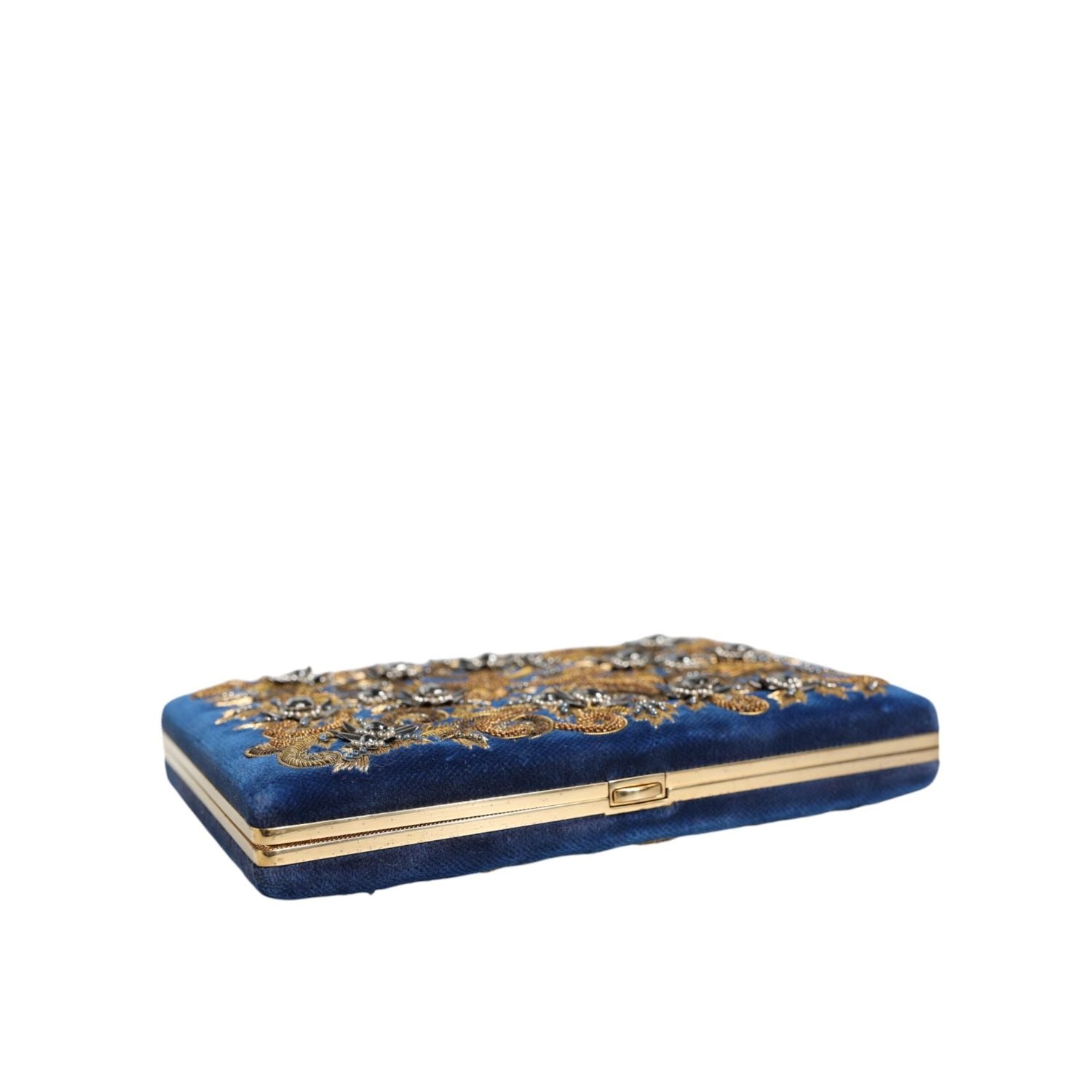 حقيبة كلاتش للحفلات المسائية من دولتشي آند غابانا باللون الأزرق المخملي بإطار ذهبي