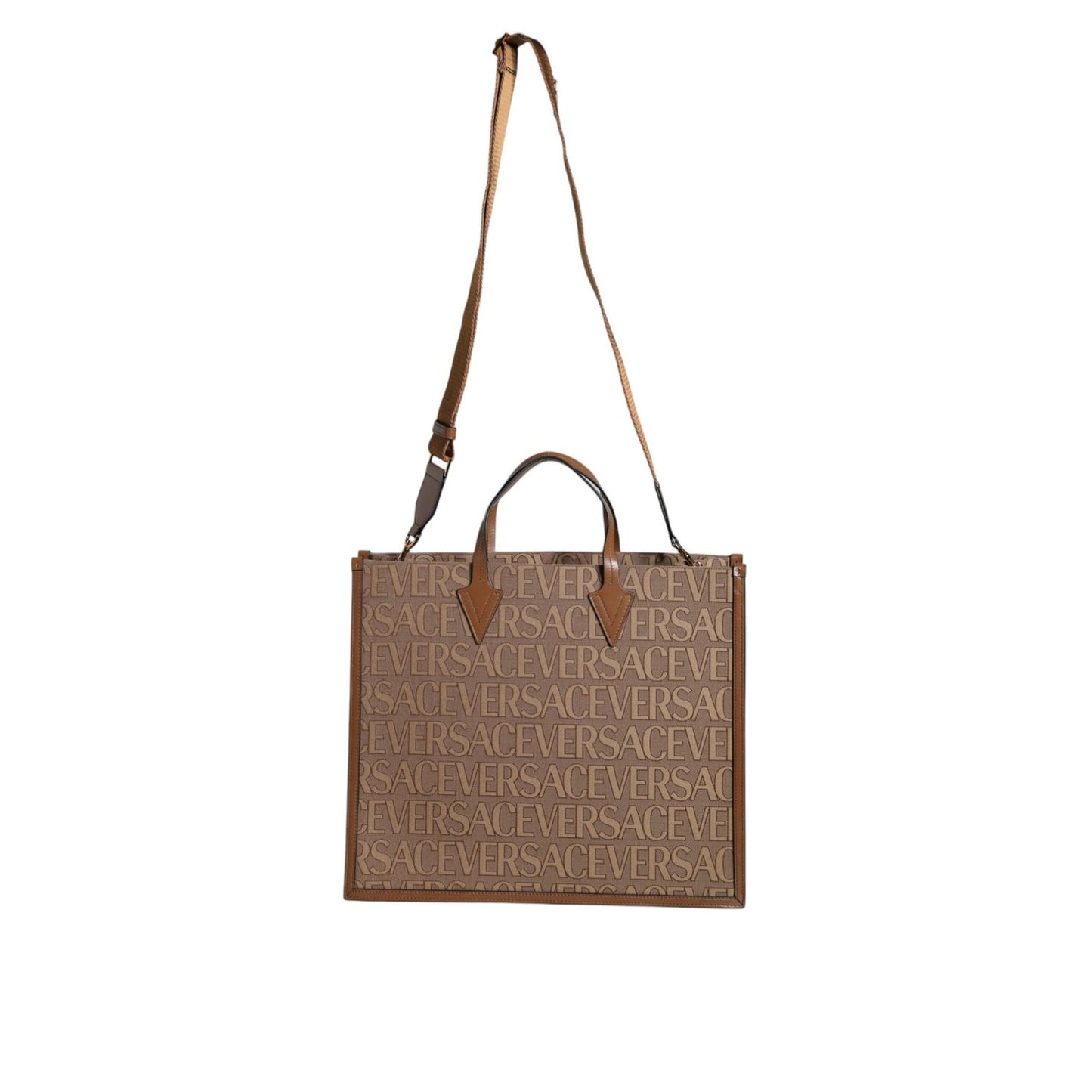 Versace Brown Top Handle Jacquard Leather Logo Crossbody Tote Bag