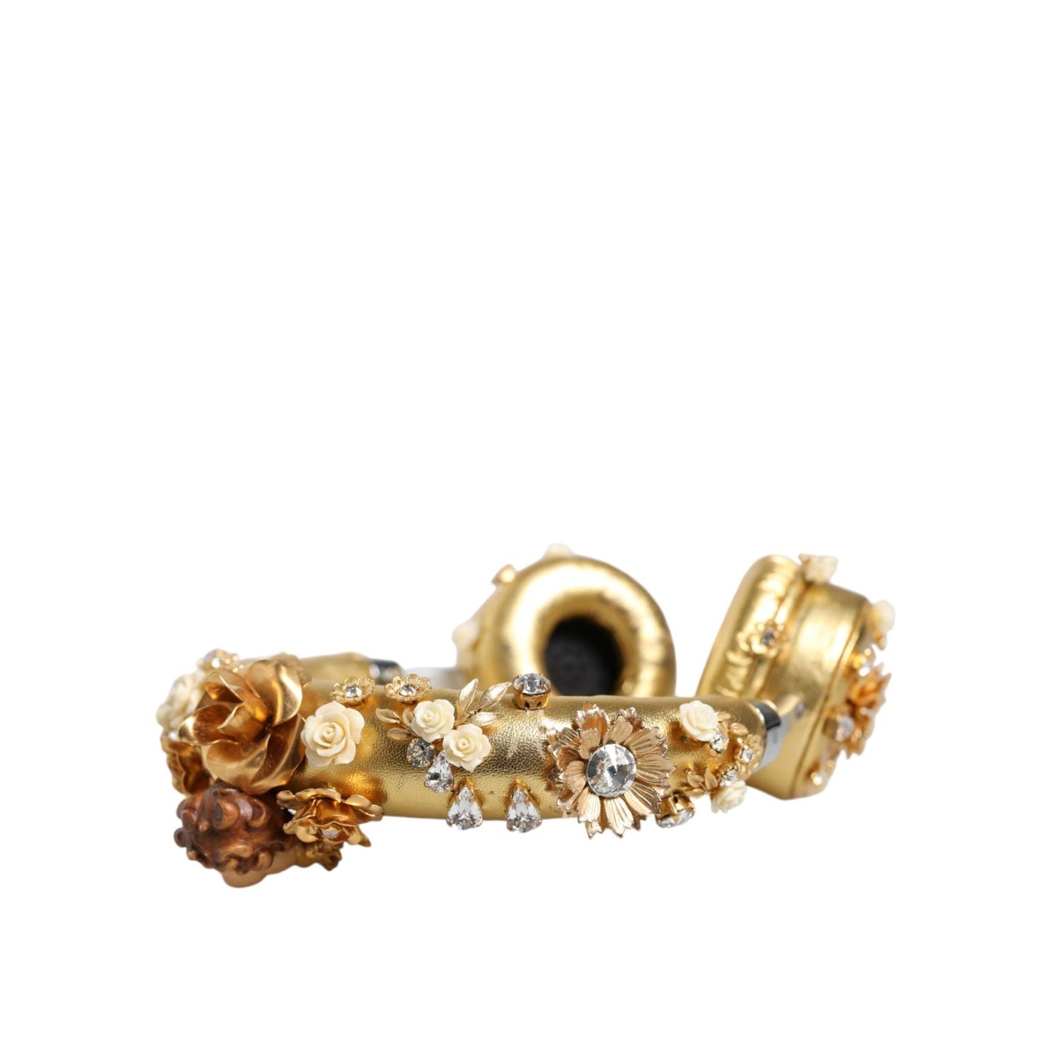 سماعات رأس دولتشي آند غابانا الذهبية المصنوعة من الجلد والزهور الكريستالية