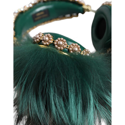 Dolce & Gabbana Green Gold Crystal Fur Headset Audio AUX Headphones